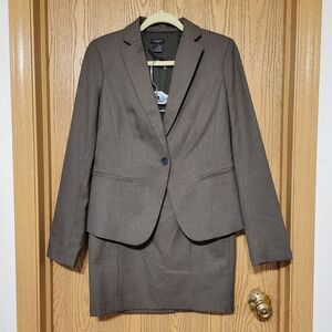 Ann Taylor Women's Blouse and Skirt Set Brown Cotton Linen Long Sleeve Size 4